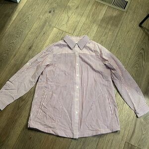 NWOT JOAN RIVERS red and white seersucker button up with pockets, size medium